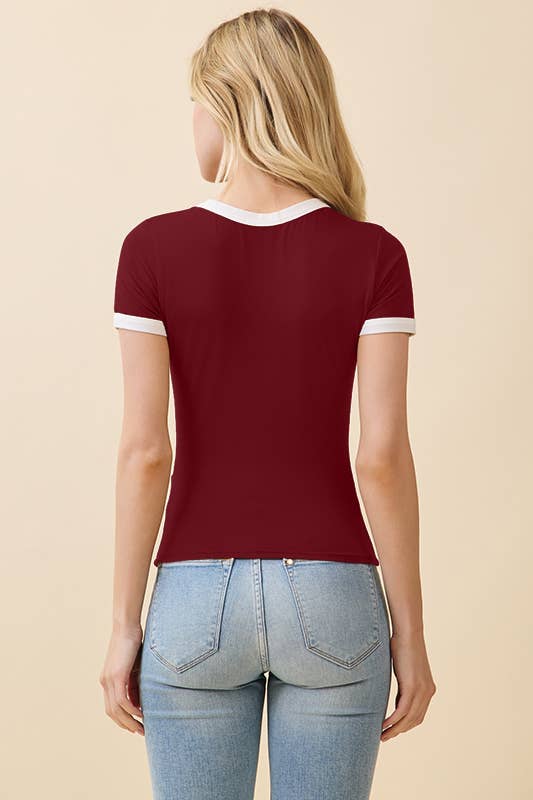 JT56633 - CREW NK CONTRAST BINDING RINGER SHORT SLV TOP