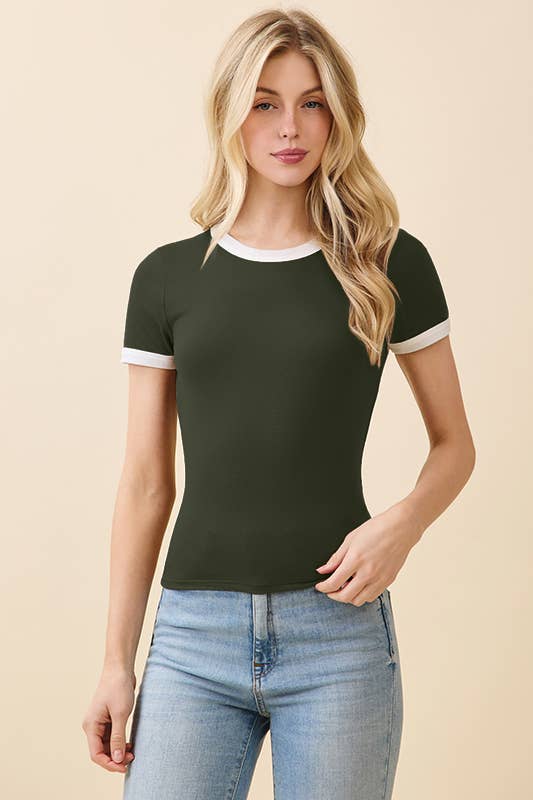 JT56633 - CREW NK CONTRAST BINDING RINGER SHORT SLV TOP