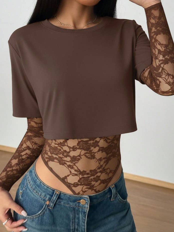 Short Sleeve Lace Patchwork Crop Bodysuit