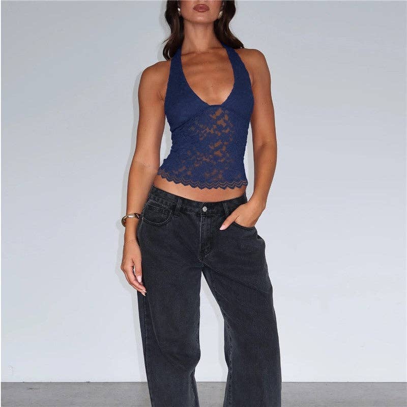 Hollow Lace Slim Fit Halter Neck Tank Top: BLACK / S