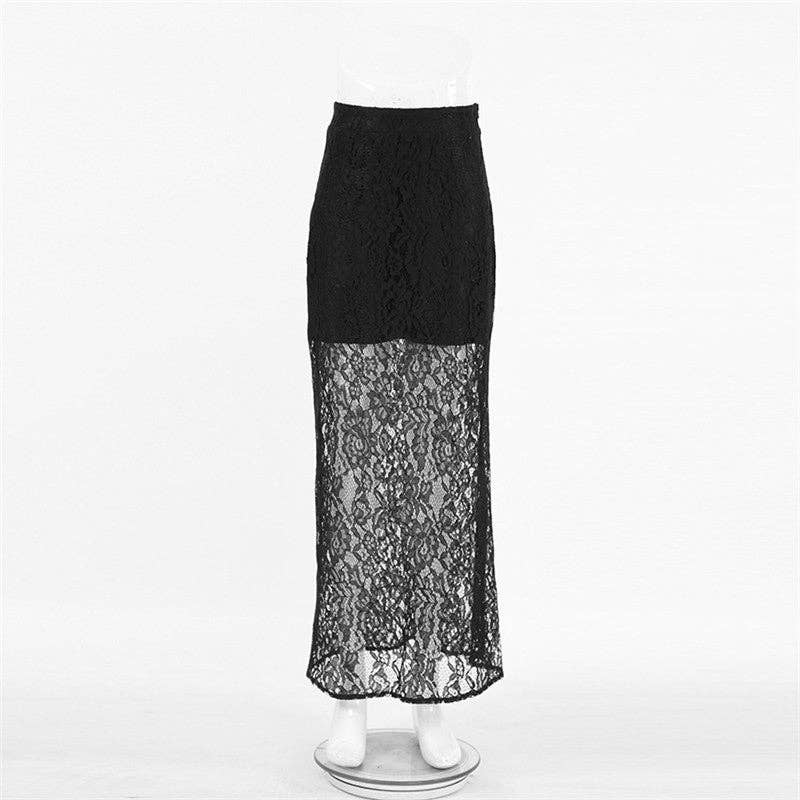 Elegant Lace Floral High-Waisted Midi Skirt: BLACK / S