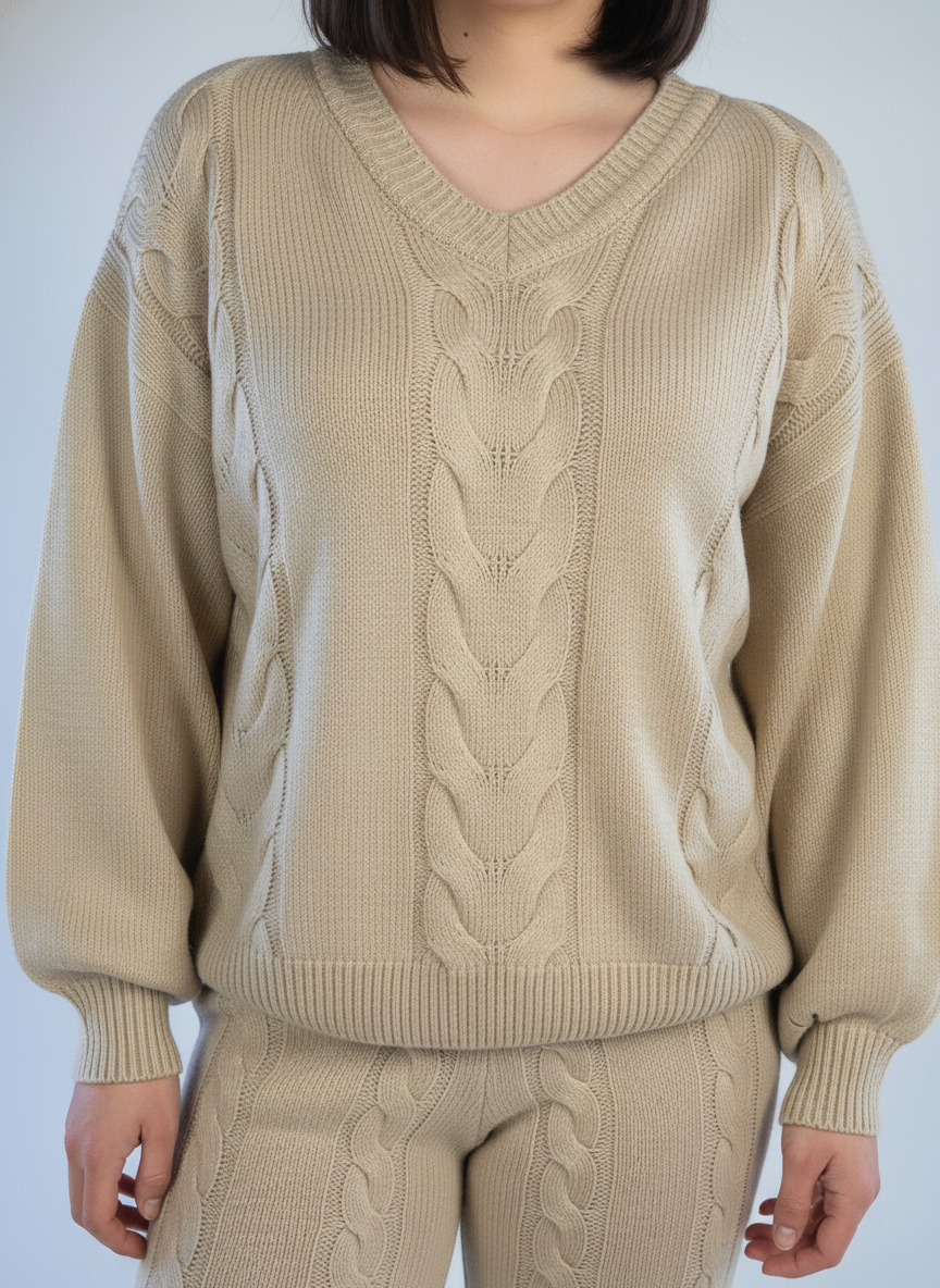 Casual beige set with a cross-knit sweater and trousers