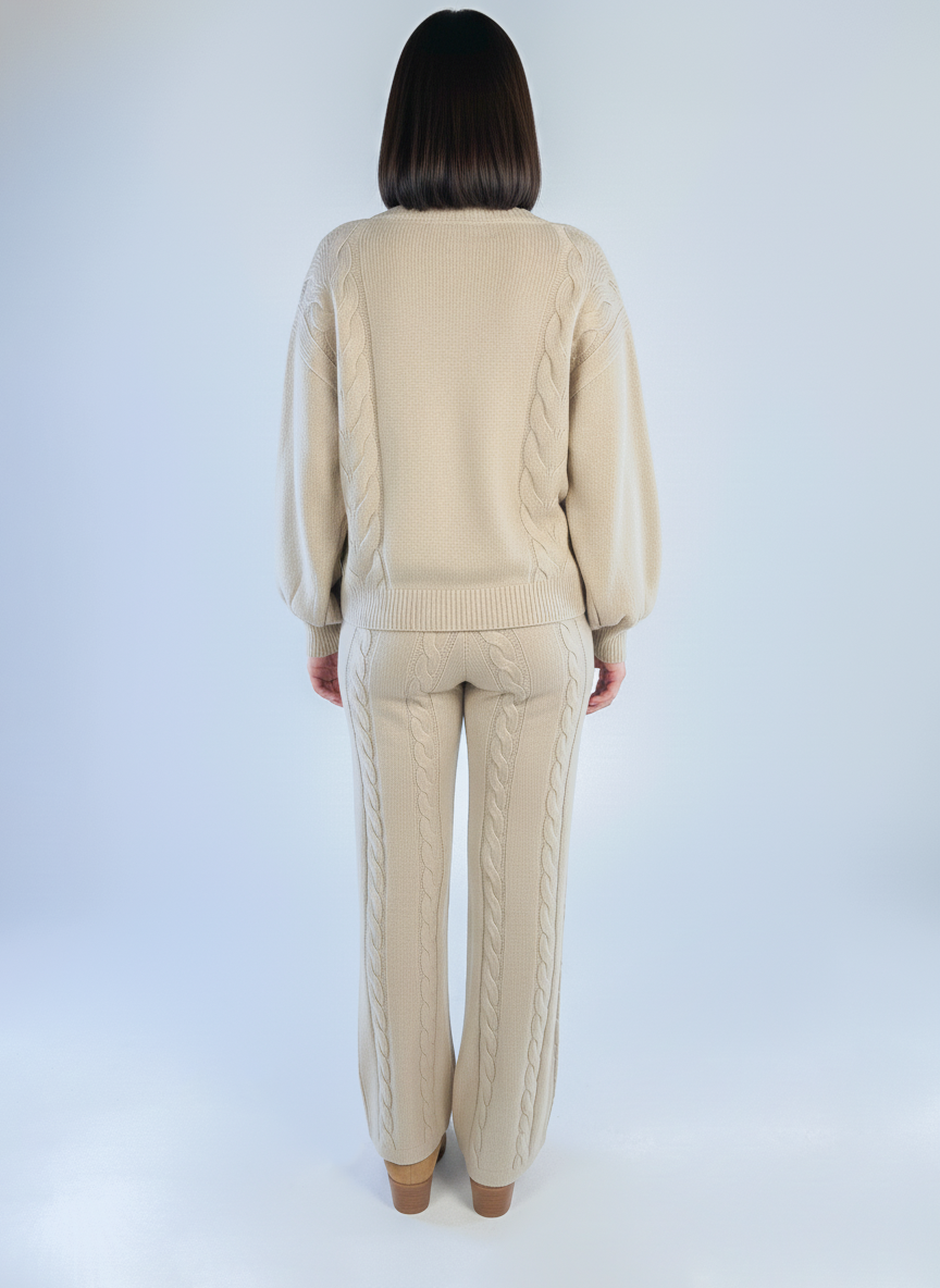 Casual beige set with a cross-knit sweater and trousers