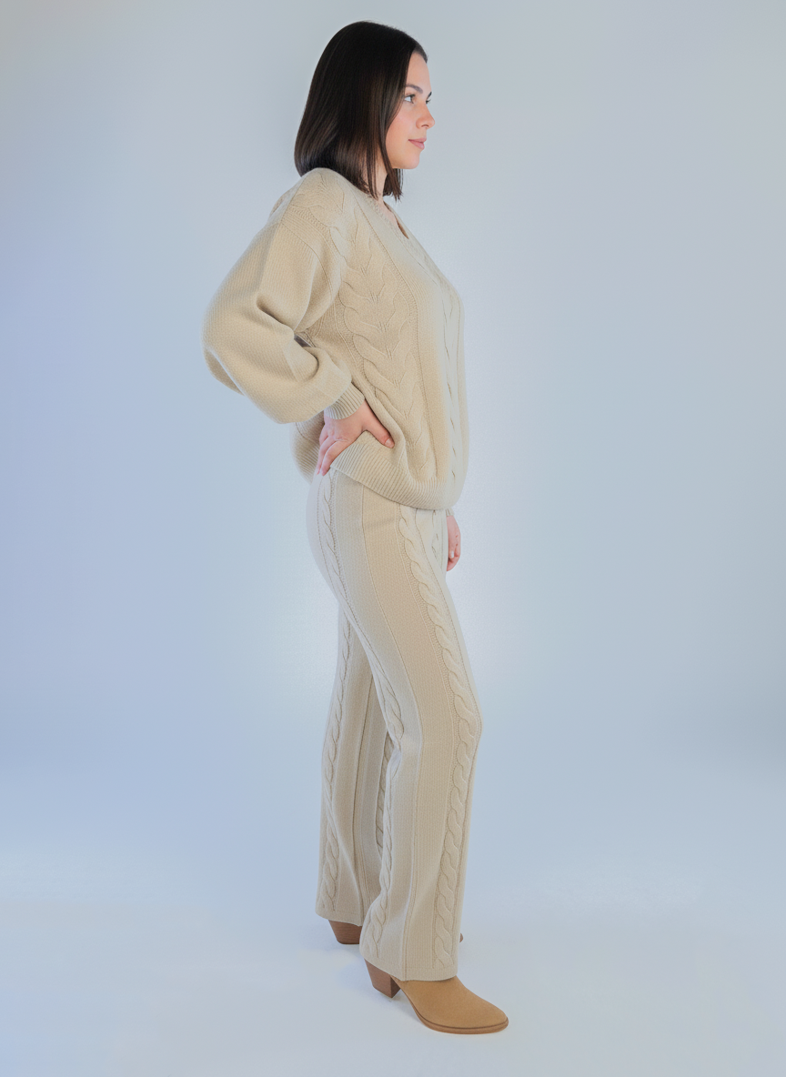 Casual beige set with a cross-knit sweater and trousers