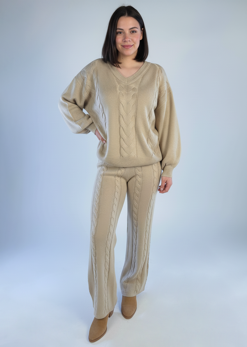 Casual beige set with a cross-knit sweater and trousers