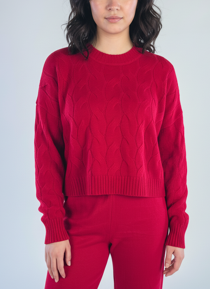 Two-piece set with a cable-knit sweater and trousers