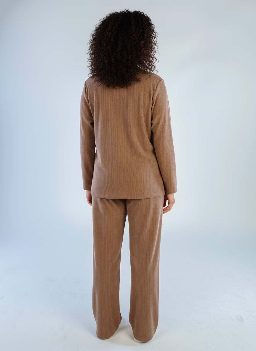 Casual beige flannel-style set with trousers and V-neck top