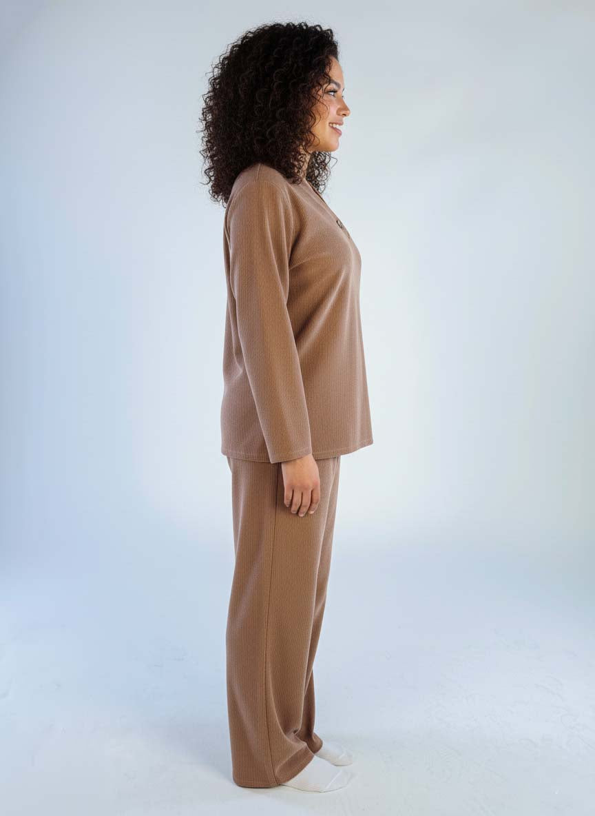 Casual beige flannel-style set with trousers and V-neck top