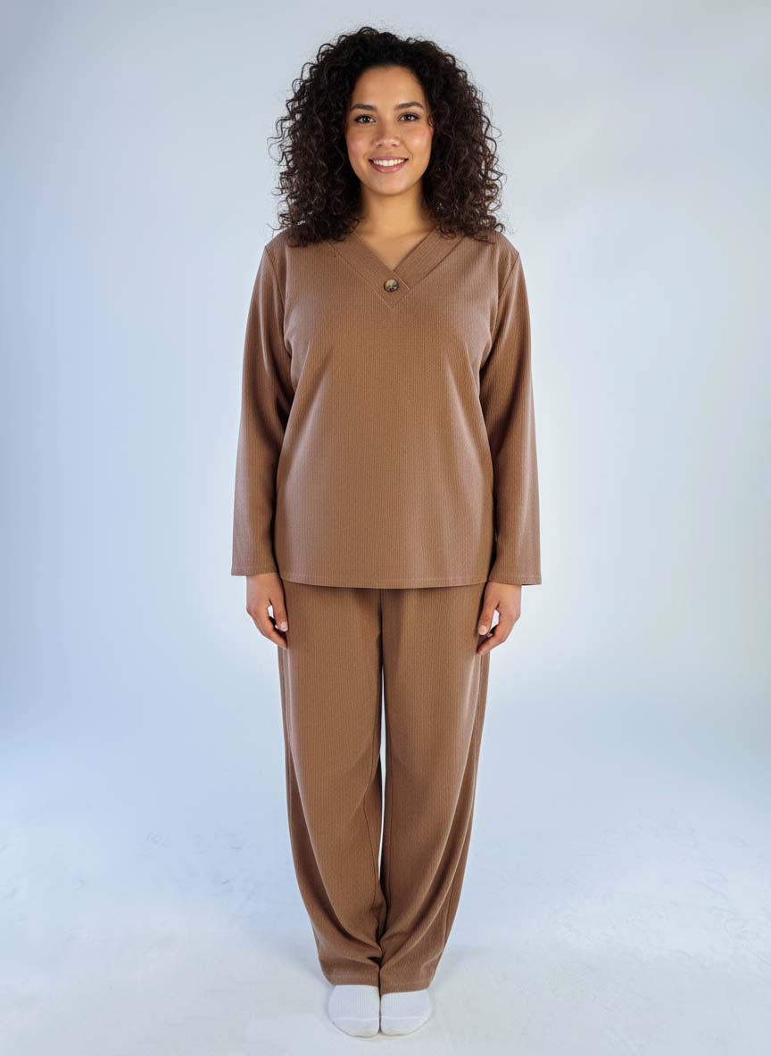 Casual beige flannel-style set with trousers and V-neck top