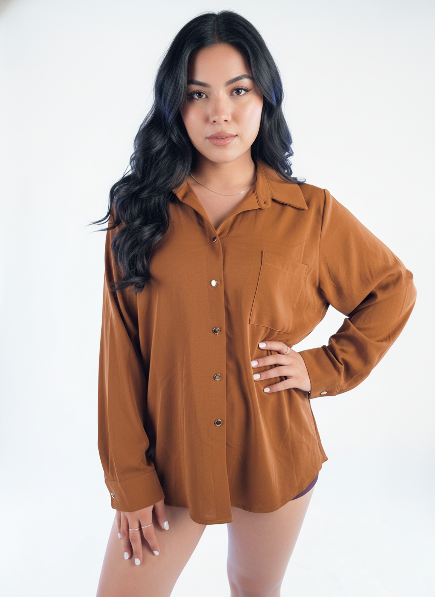 Brown button-up blouse, dress cut
