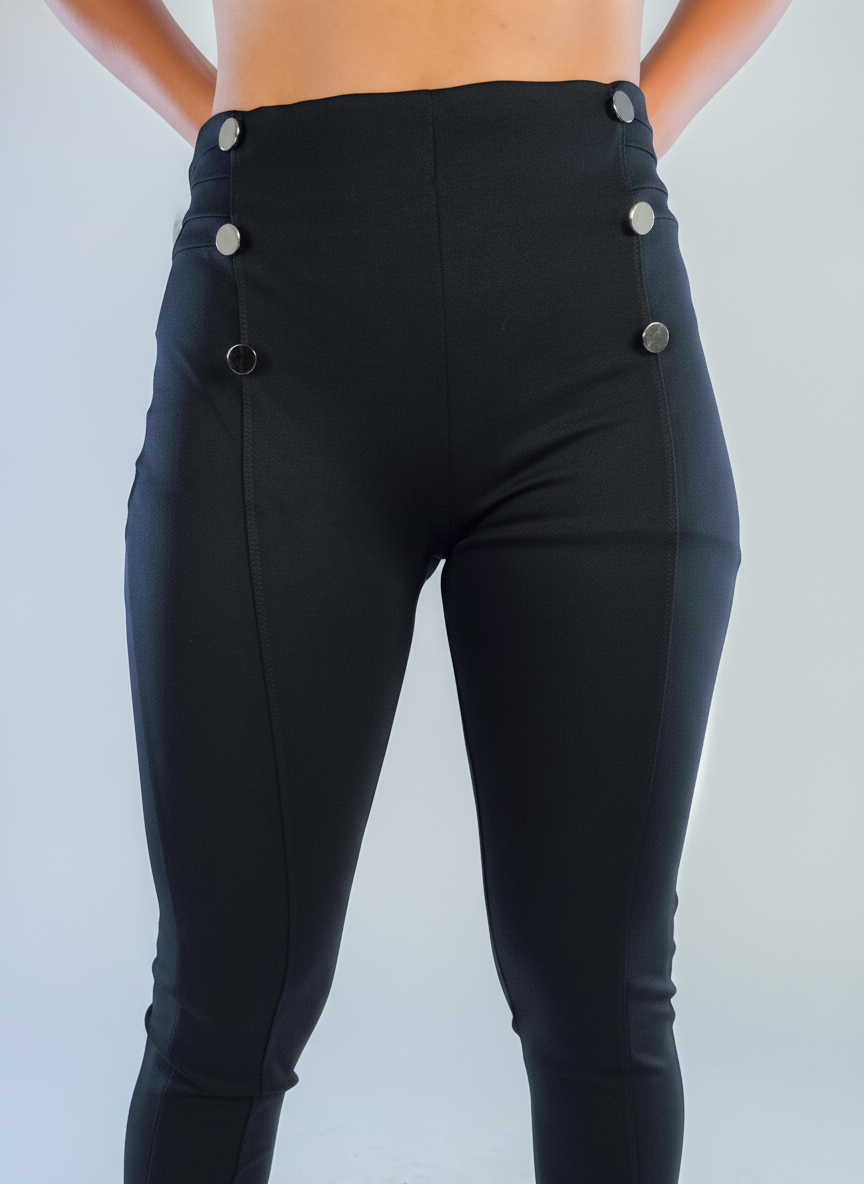 Black slim-fit tube pants with side buttons
