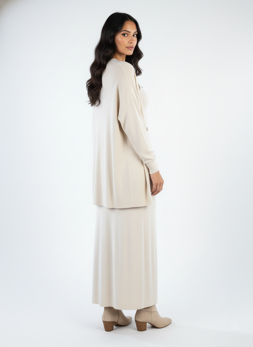 Casual beige 3-piece knit set: top, trousers, and skirt (sweater-style fabric)