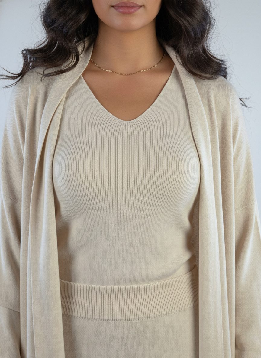 Casual beige 3-piece knit set: top, trousers, and skirt (sweater-style fabric)