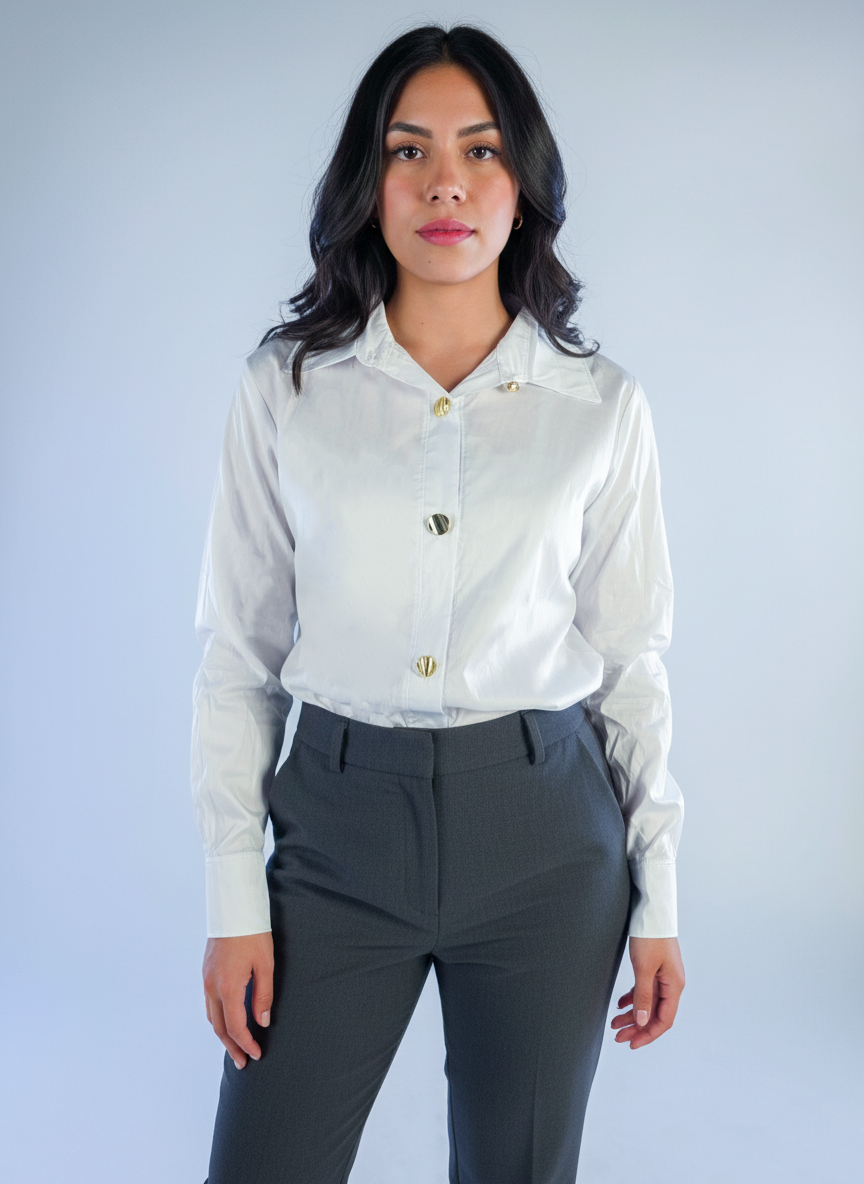 White dress blouse with gold buttons