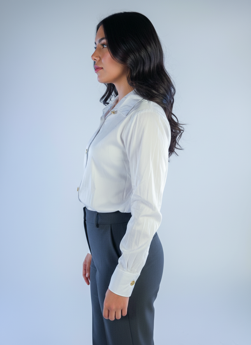 White dress blouse with gold buttons