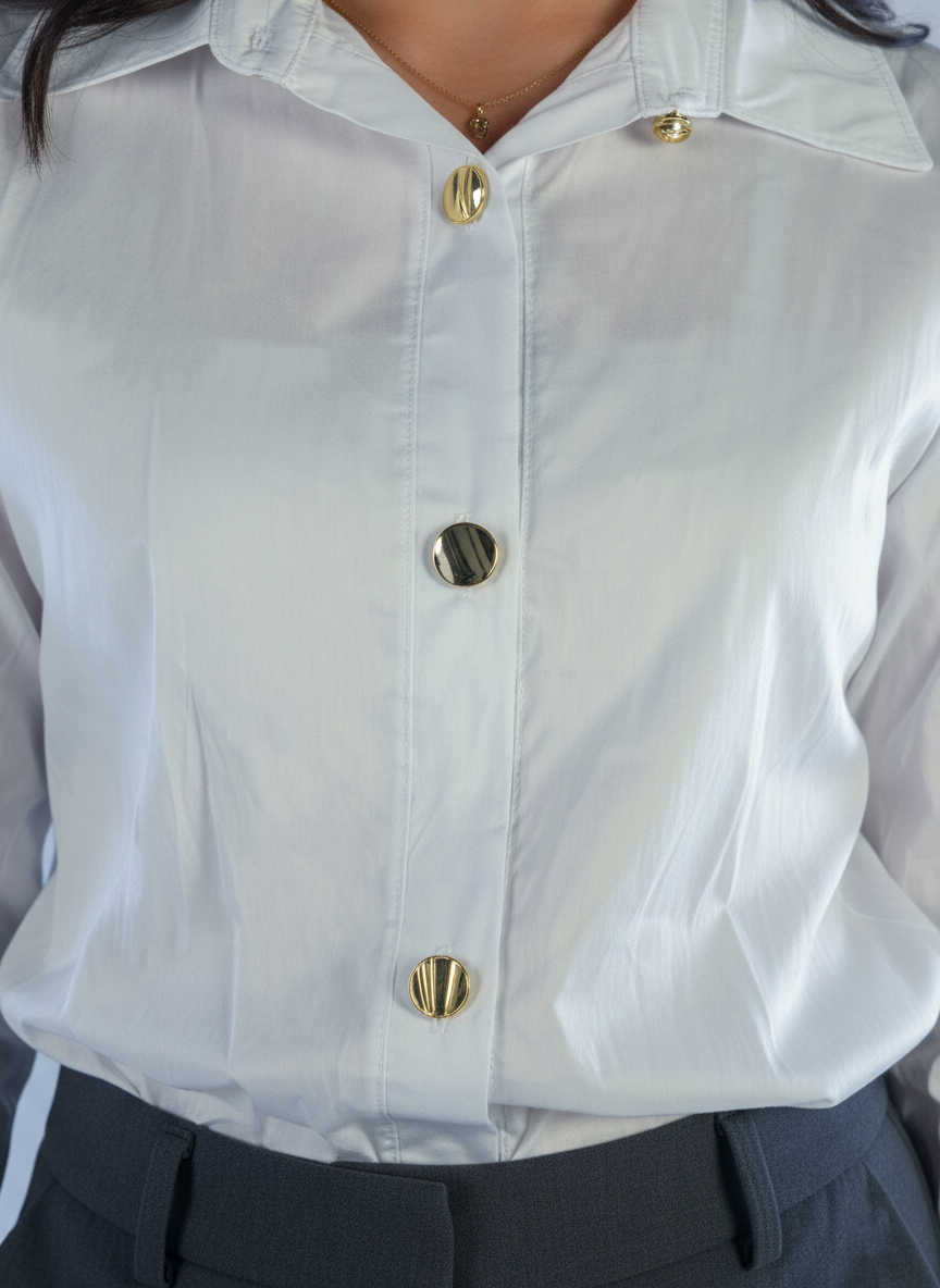 White dress blouse with gold buttons