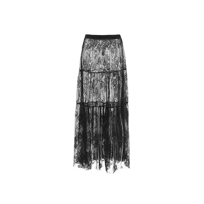 Black Lace High-Waisted Midi Skirt