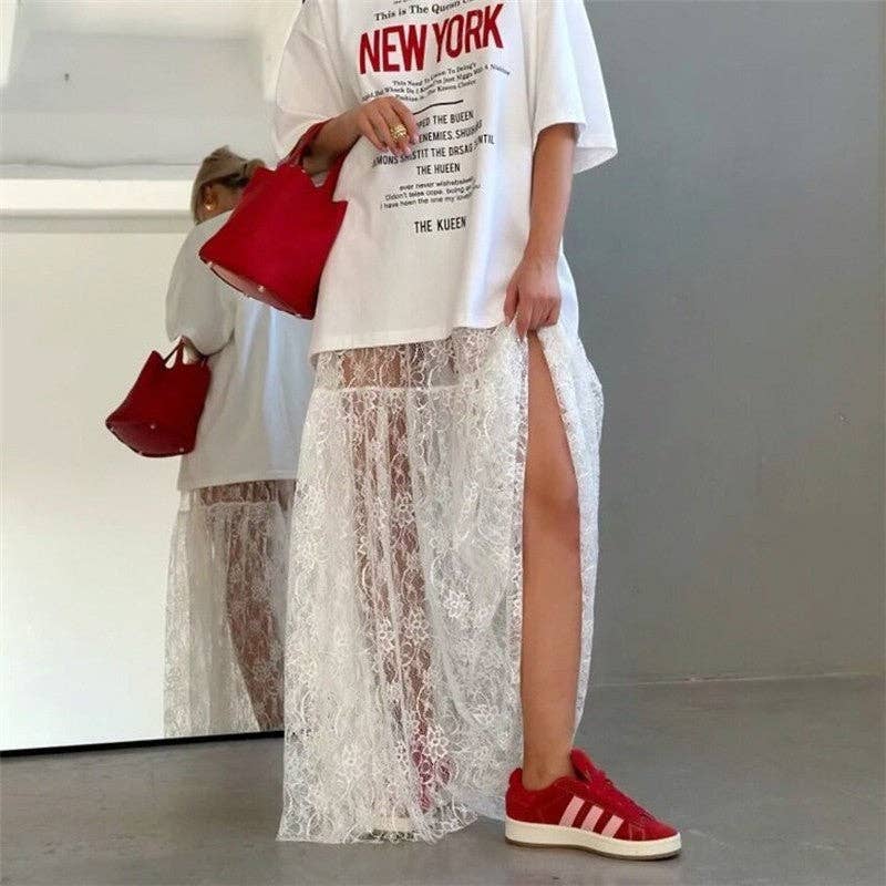 Elegant Lace Floral High-Waisted Midi Skirt