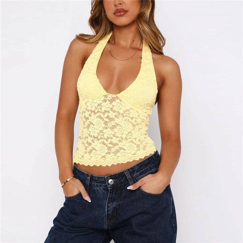 Hollow Lace Slim Fit Halter Neck Tank Top: BLACK / S