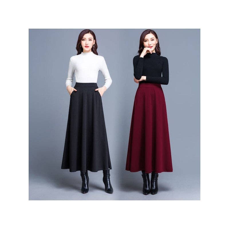 Elastic Waist Mid-Length A-Line Skirt: Burgundy / M