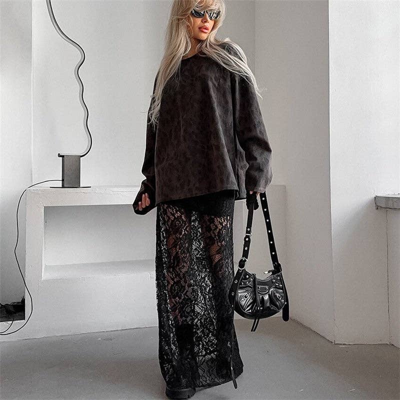 Elegant Lace Floral High-Waisted Midi Skirt: BLACK / S
