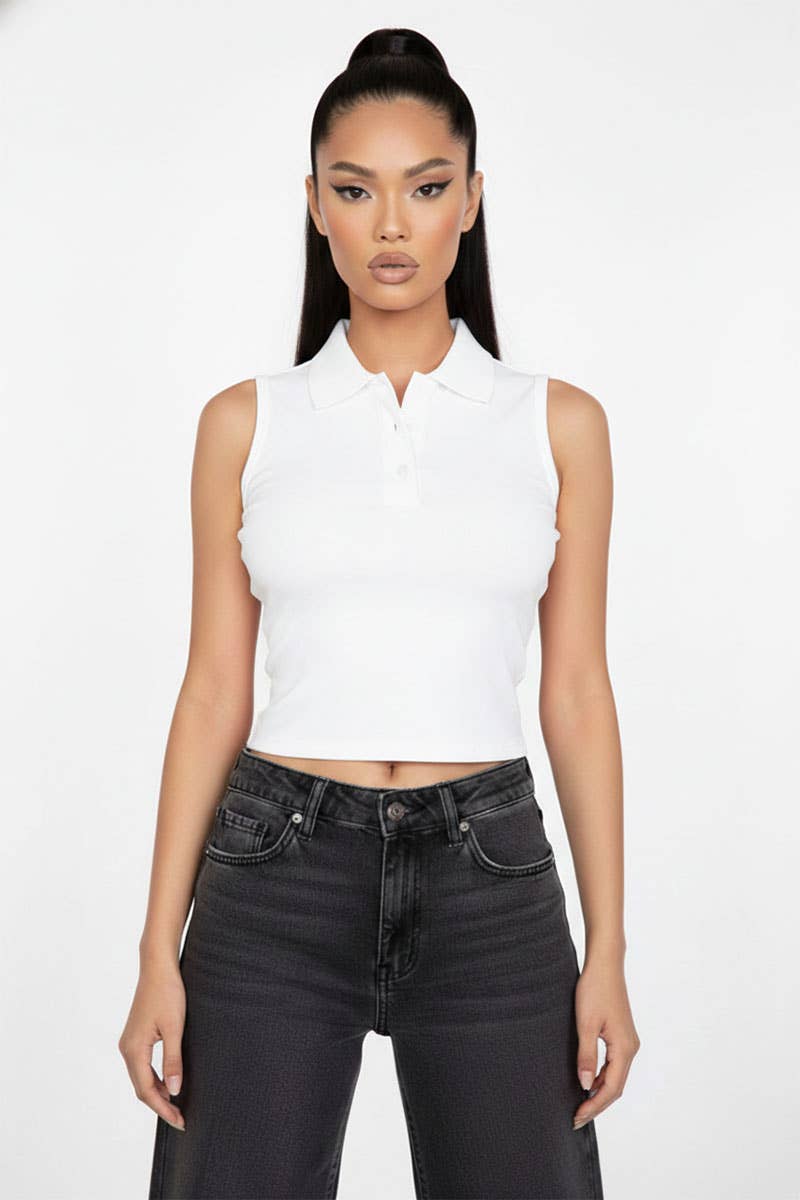 Slim-Fit Sleeveless Polo Collar Crop Top