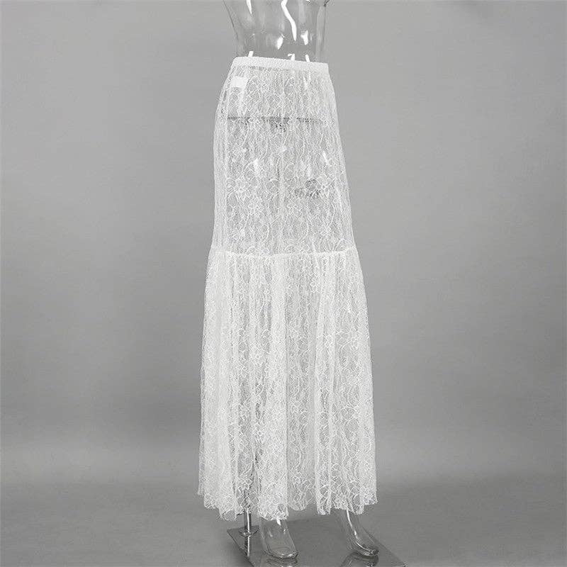 Elegant Lace Floral High-Waisted Midi Skirt
