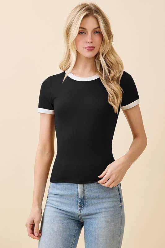 JT56633 - CREW NK CONTRAST BINDING RINGER SHORT SLV TOP