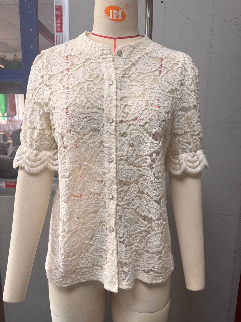 Short Sleeve Lace Button Down Blouse