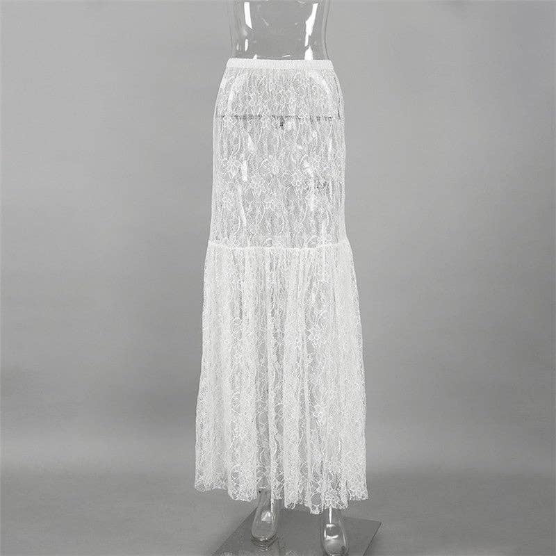 Elegant Lace Floral High-Waisted Midi Skirt