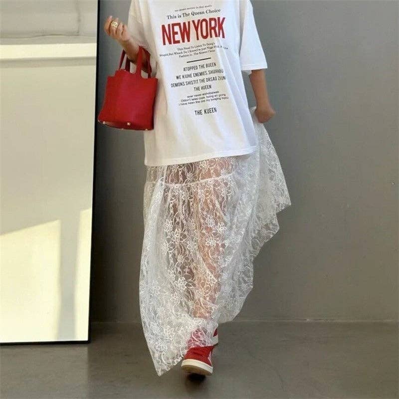 Elegant Lace Floral High-Waisted Midi Skirt