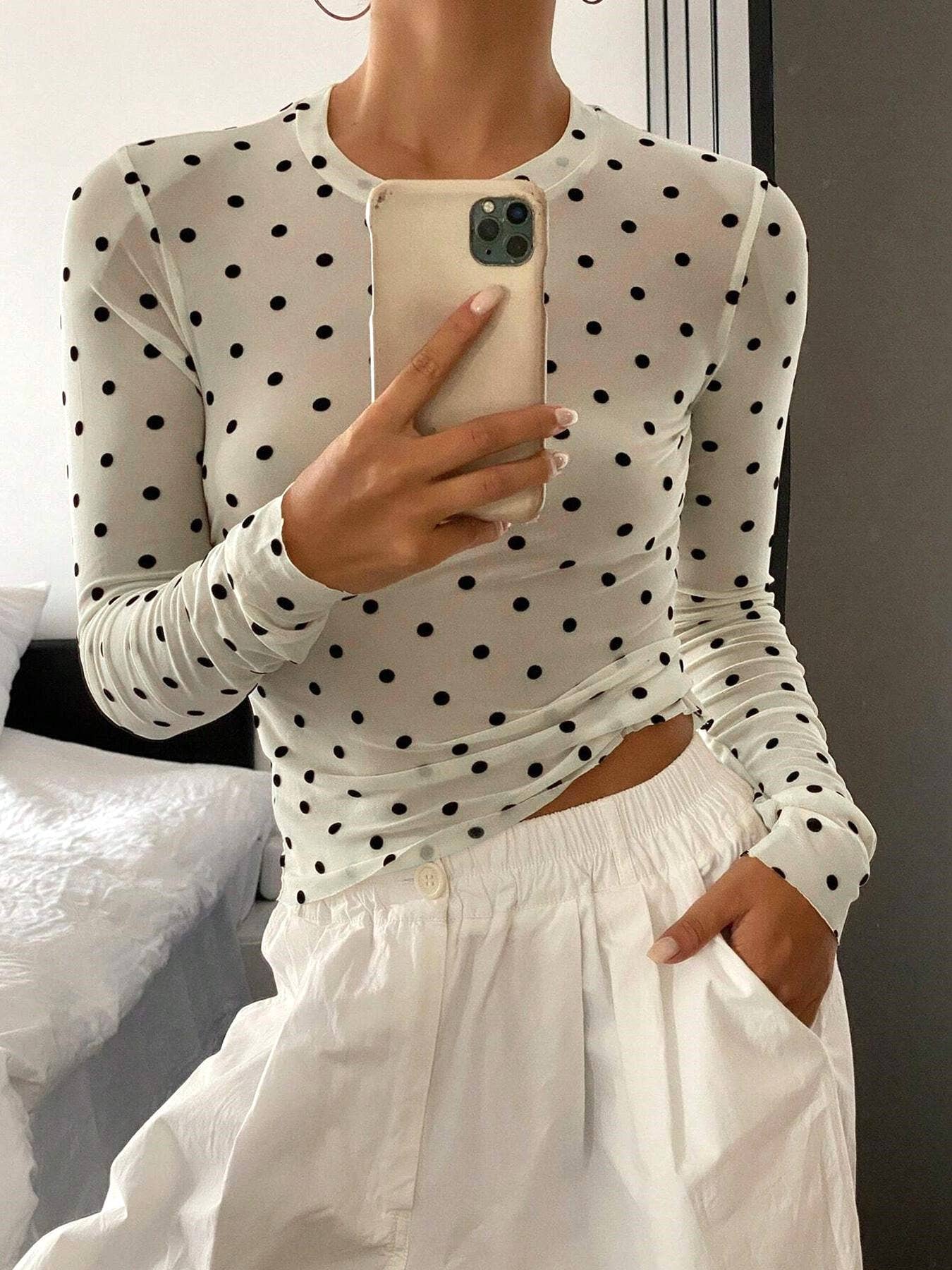 Retro Vibe Romance Polka Dots Sheer Mesh Blouse