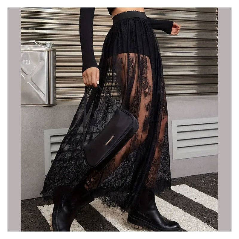 Solid Color Lace Sheer Midi Skirt