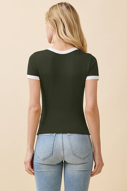 JT56633 - CREW NK CONTRAST BINDING RINGER SHORT SLV TOP