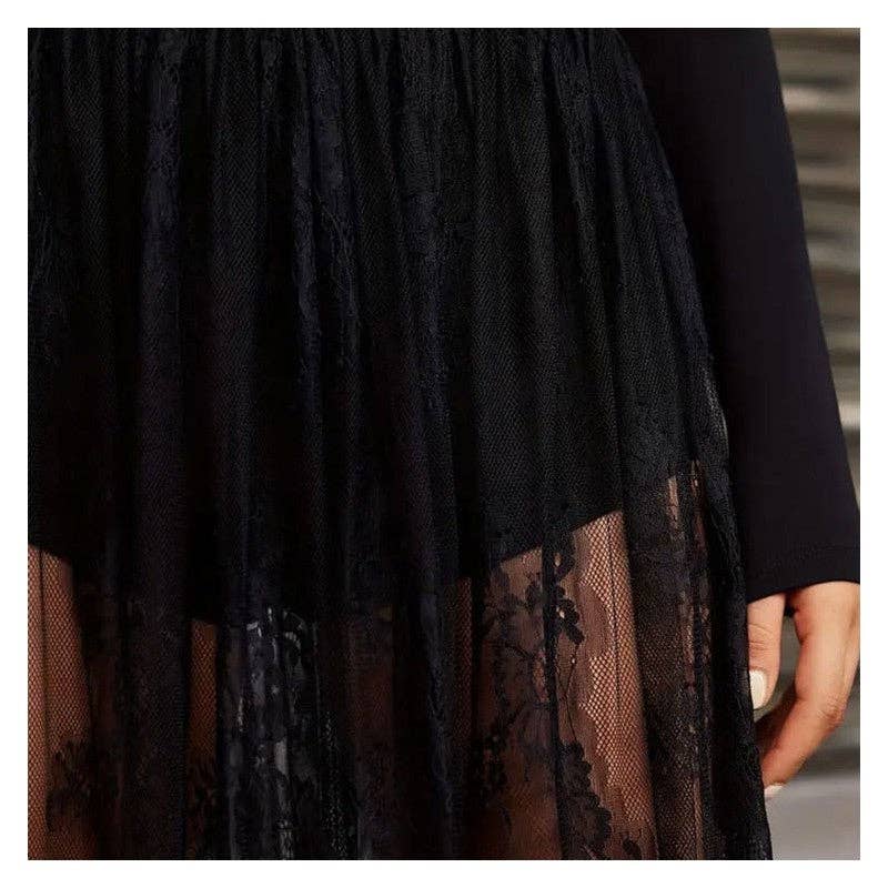 Solid Color Lace Sheer Midi Skirt