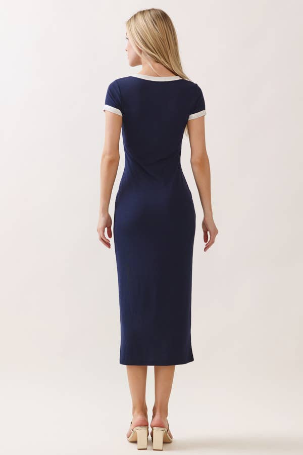 RD56653 - CONTRAST CREW NK BINDING MIDI DRESS