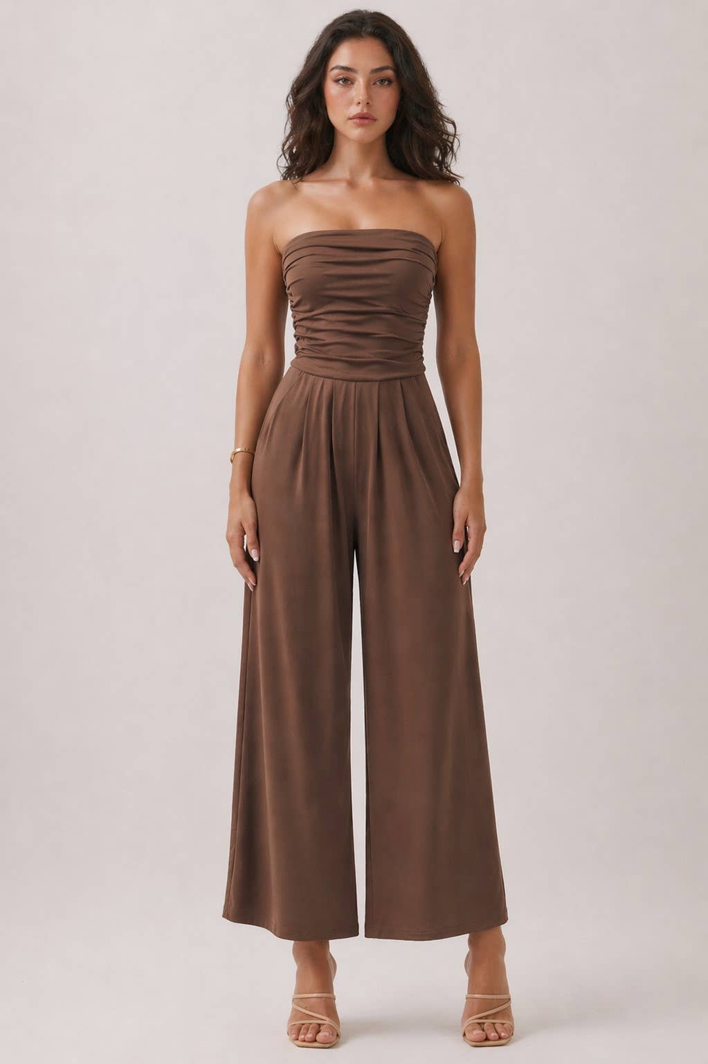 JR16435F - TUBE TOP W/SHIRRING PALAZZO ROMPER