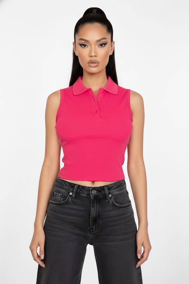 Slim-Fit Sleeveless Polo Collar Crop Top