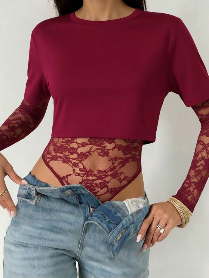 Short Sleeve Lace Patchwork Crop Bodysuit