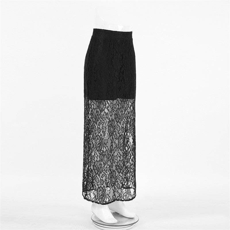 Elegant Lace Floral High-Waisted Midi Skirt: BLACK / S