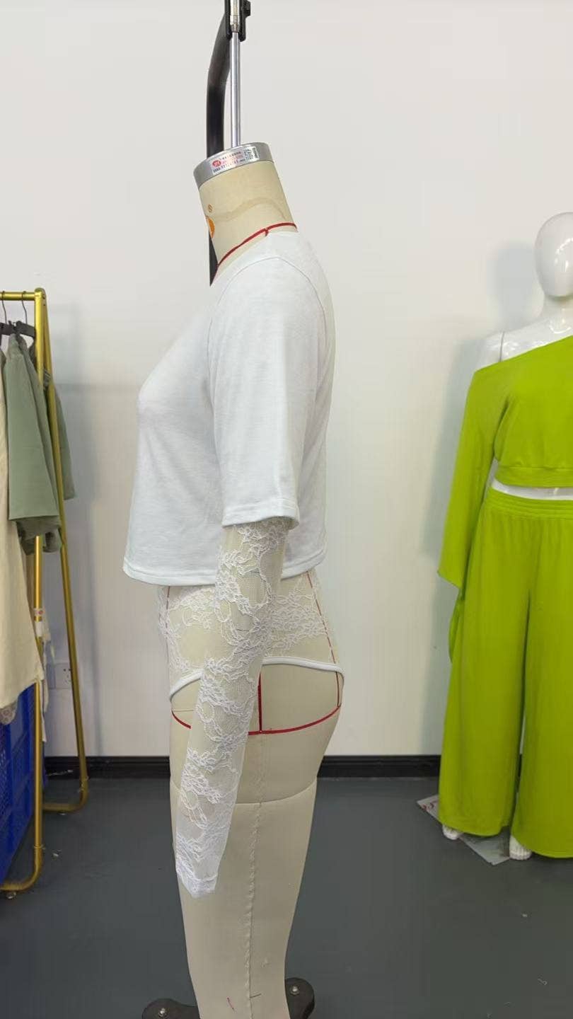 Short Sleeve Lace Patchwork Crop Bodysuit