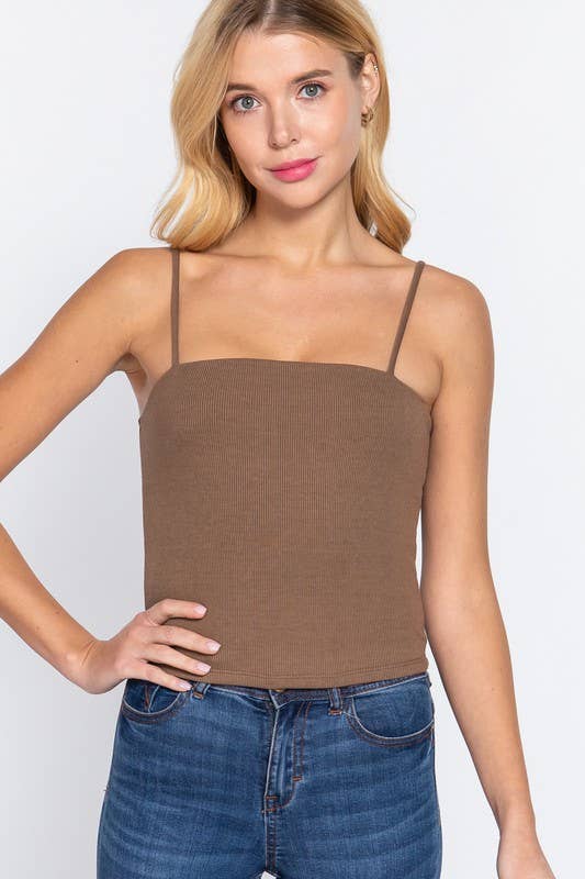 Straight Neck Two Ply Rib Knit Cami Top: Brn-Silt Brown / M
