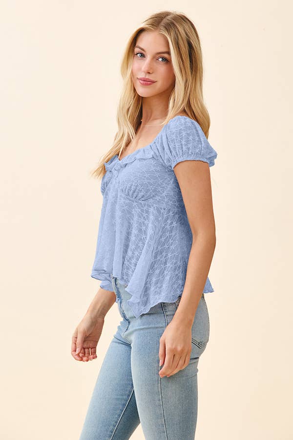 LT56182B - RUFFLE DETAIL UNEVEN HEM PUFF SLV TOP