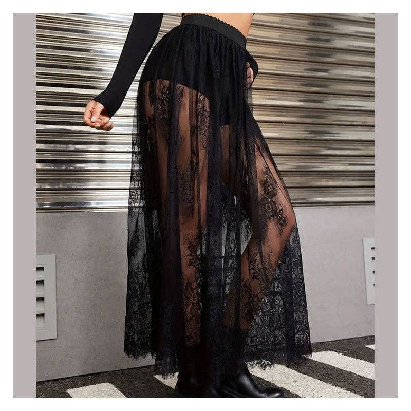 Solid Color Lace Sheer Midi Skirt
