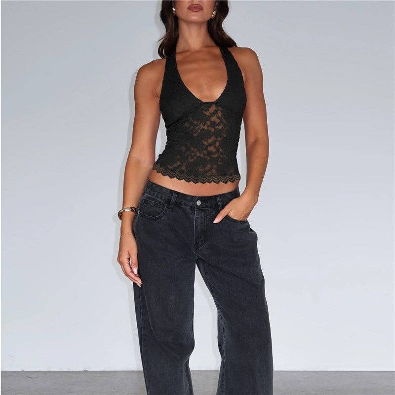 Hollow Lace Slim Fit Halter Neck Tank Top: BLACK / S
