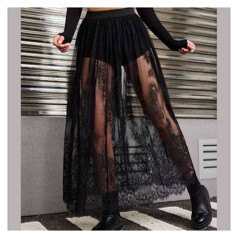 Solid Color Lace Sheer Midi Skirt